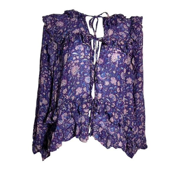 MAJE Purple Dahlia ruffle long sleeve top size 3 Large ties in front floral - Picture 10 of 10